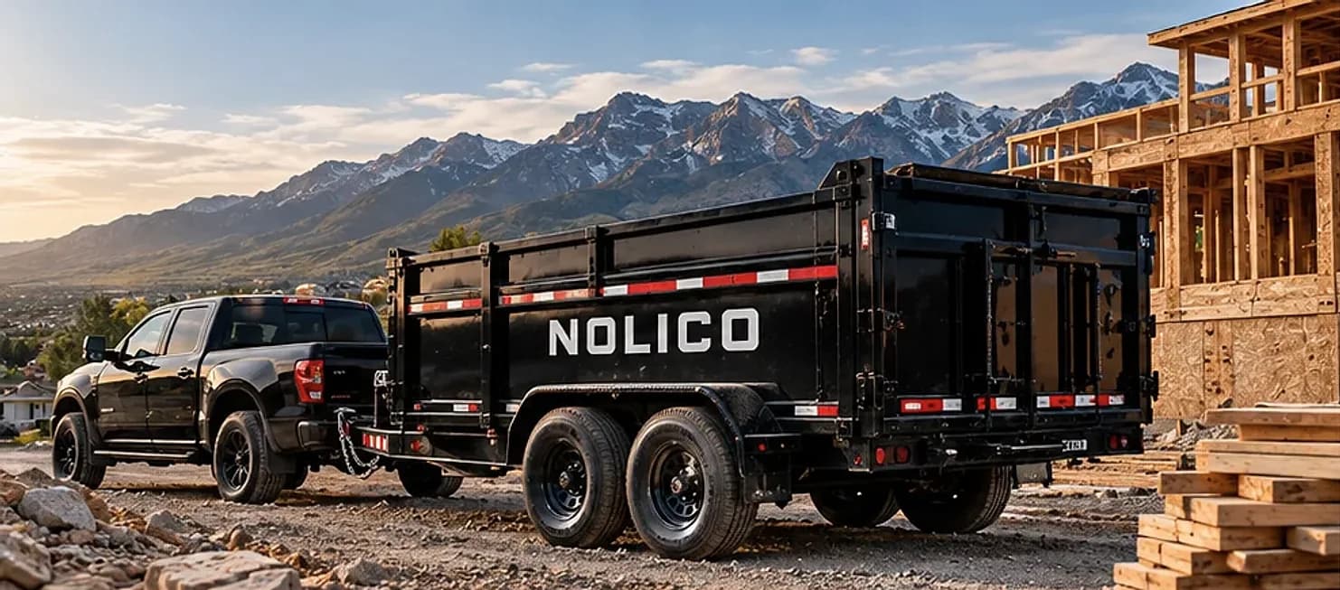 Black NOLICO dump trailer hitched to a black pickup at a residential construction site, with mountains behind