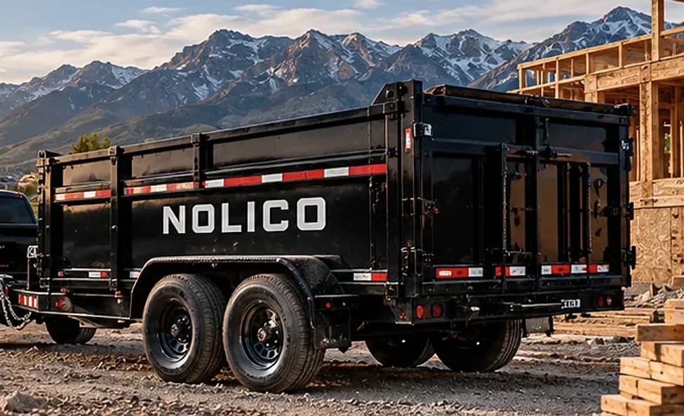 Black NOLICO dump trailer parked at a job site